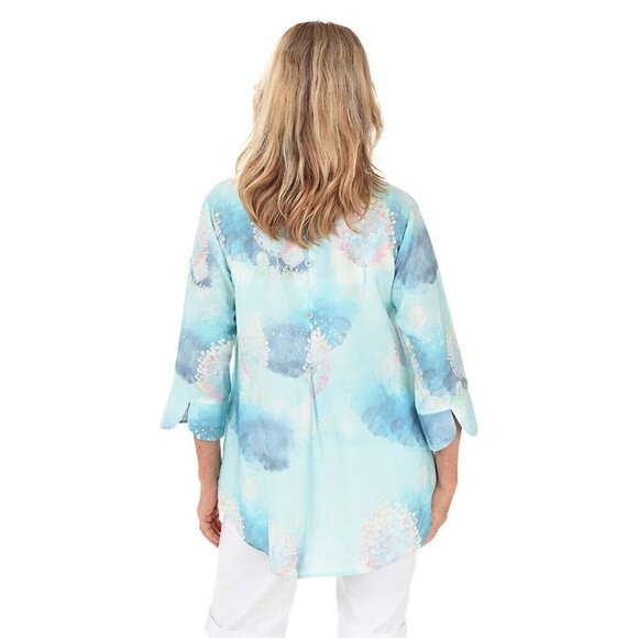 Shana Size Medium Fairy Tale Trees Button Up Aqua Blue Long Sleeve Coastal Shirt - Picture 1 of 12